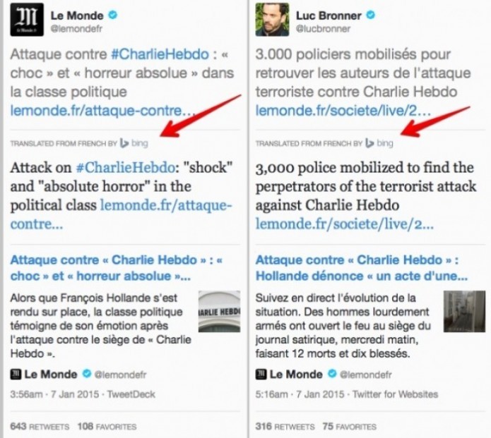 Tweets noticiosos em francês são automaticamente traduzidos para outro idioma na plataforma TweetDeck (Foto / Reprodução: marketingland.com)