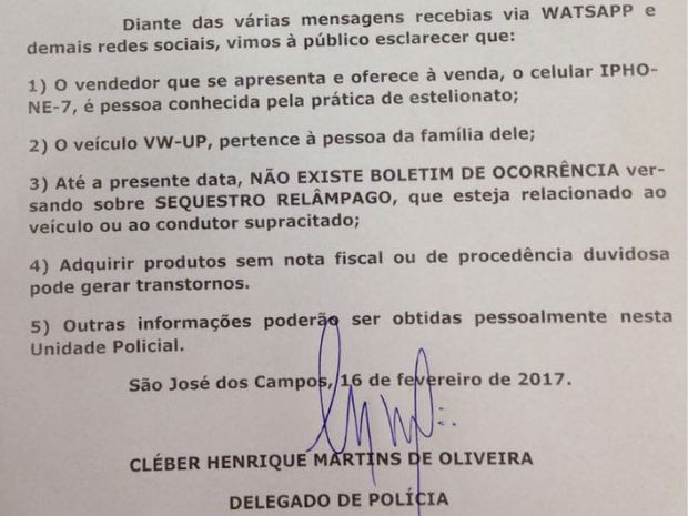 Polícia soltou comunicado sobre o caso em São José dos Campos (Foto: Reprodução/)