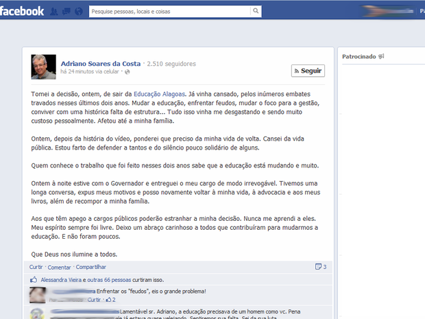 Adriano Soares utilizou o Facebook para publicar mensagem dizendo que deixará posto de secretário da esducação. (Foto: Reprodução/Facebook)