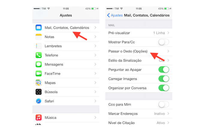 Acessando as configurações de comandos de deslize de dedos do Mail no iOS (Foto: Reprodução/Marvin Costa)