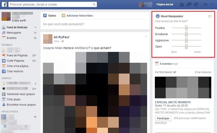 Abra o Facebook e uma janela da extensão aparecerá na barra direita da página inicial (Foto: Reprodução/Paulo Finotti)