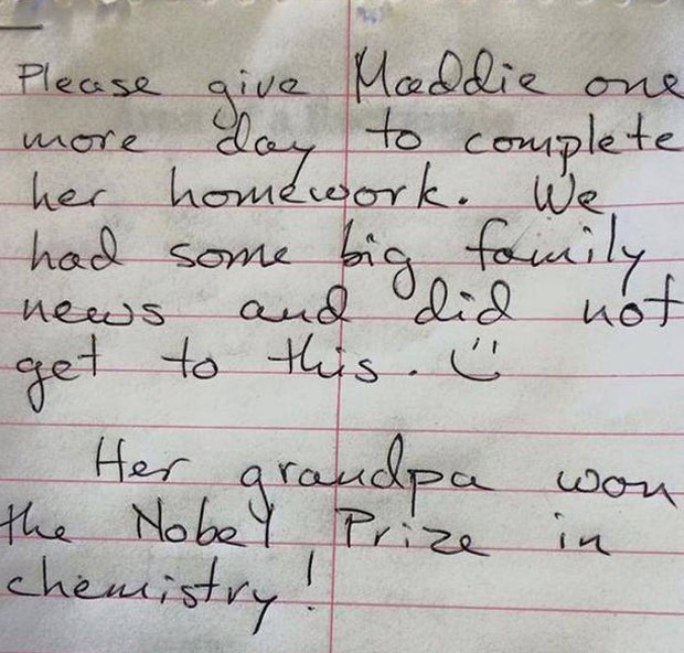 Menina diz que não terminou lição de casa porque seu avô ganhou o Nobel (Foto: Reprodução/Reddit/)