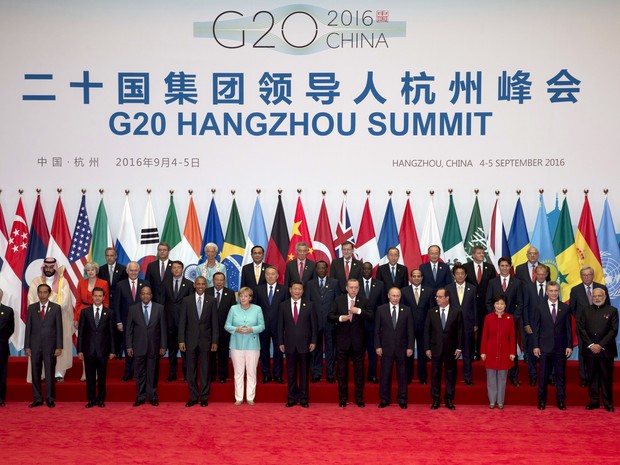 State leaders take part in a group photo session for the G20 Summit held at the Hangzhou International Expo Center in Hangzhou in eastern China&#39;s Zhejiang province, Sunday, Sept. 4, 2016. (Foto: Ng Han Guan/AP)