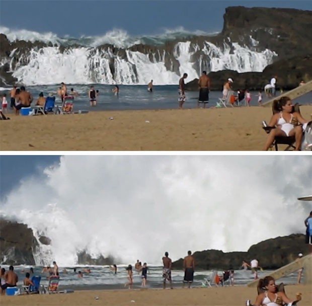 Sequência mostra como as ondas gigantes ultrapassam o paredão de rocha na praia de Puerto Nuevo, em Porto Rico (Foto: Reprodução/Youtube/tmjmccormack)