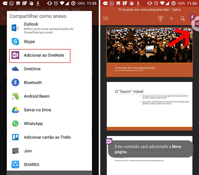 Escolha opção Adicionar ao OneNote para anexar arquivos à nota (Foto: Reprodução/Elson de Souza)