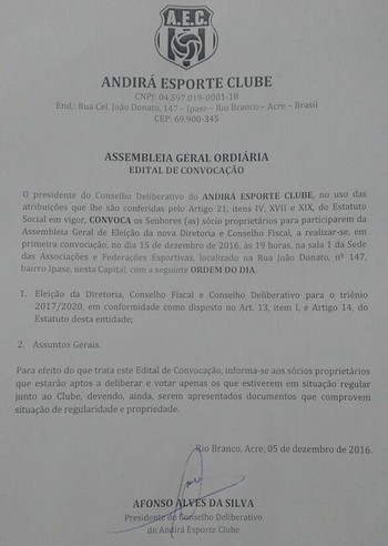 Conselho Deliberativo do Andirá convoca eleições para nova diretoria (Foto: Reprodução)