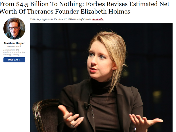 Elizabeth Holmes, que teve fortuna pessoal estimada em US$ 4,5 bilhões pela Forbes (Foto: Reprodução/Forbes)