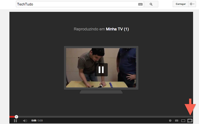 Clicando no ícone Jogue para a TV para emparelhar vídeos do YouTube com Smart TVs (Foto: Reprodução/Marvin Costa)