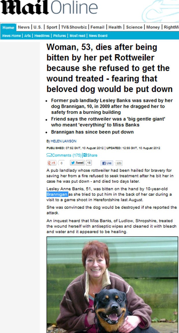 Mulher morreu de infecção após ser mordida por cão que já havia salvado sua vida (Foto: Reprodução)