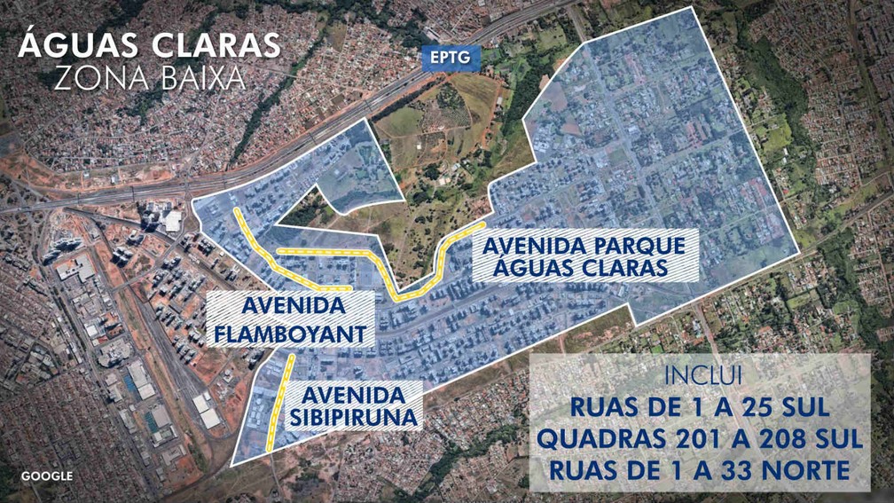 Mapa indica áreas listadas como a 'zona baixa' de Águas Claras, no DF, no esquema de racionamento da Caesb (Foto: Arte/TV Globo/Reprodução)