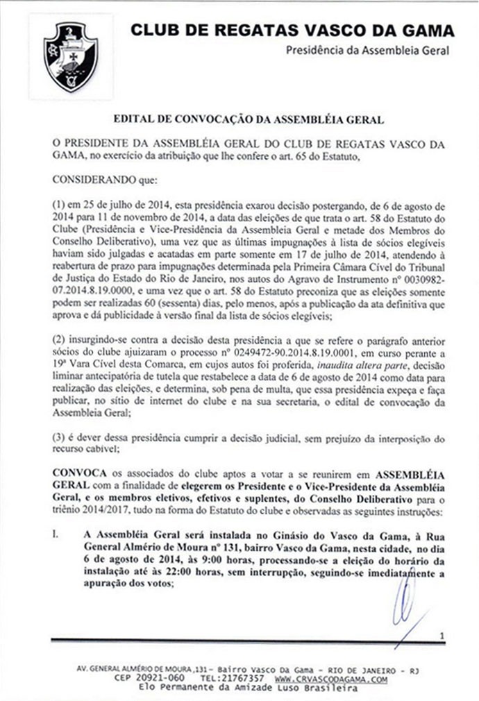 Edital Assembléia Geral Vasco (Foto: Reprodução)