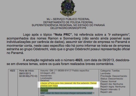 Trecho do relatório da PF sobre o iPhone de Marcelo Odebrecht com referência a Vaca