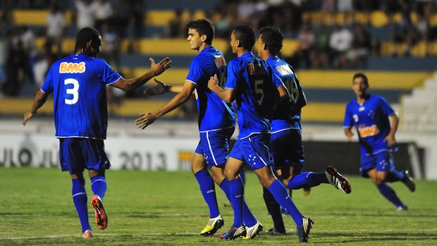 Jogadores do Cruzeiro comemoram um dos gols na vitória sobre o São Francisco-BA pelo grupo U da Copa São Paulo. (Foto: Claudio Capucho/PMSJC)