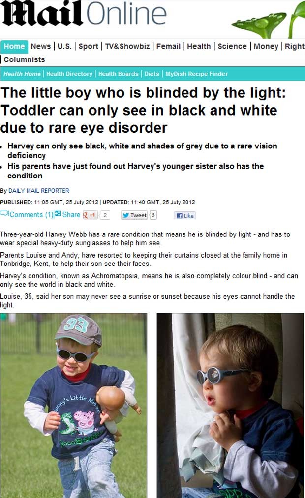 O britânico Harvey Webb, de 3 anos, enxerga tudo em preto e branco com a ajuda de óculos especiais para bloquear a luz (Foto: Reprodução)