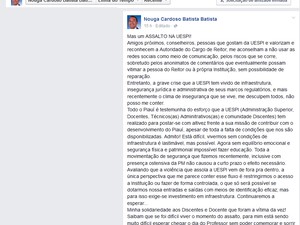 Reitor desabafou sobre insegurança na Uespi em rede social (Foto: Reprodução/Facebook)
