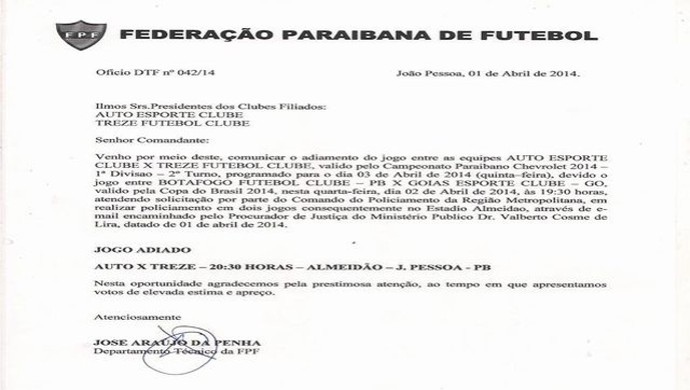 Documento da Federação Paraibana, adia a partida entre Auto Esporte e Treze, marcada para o Almeidão, pela quinta rodada do estadual (Foto: Reprodução / FPF)