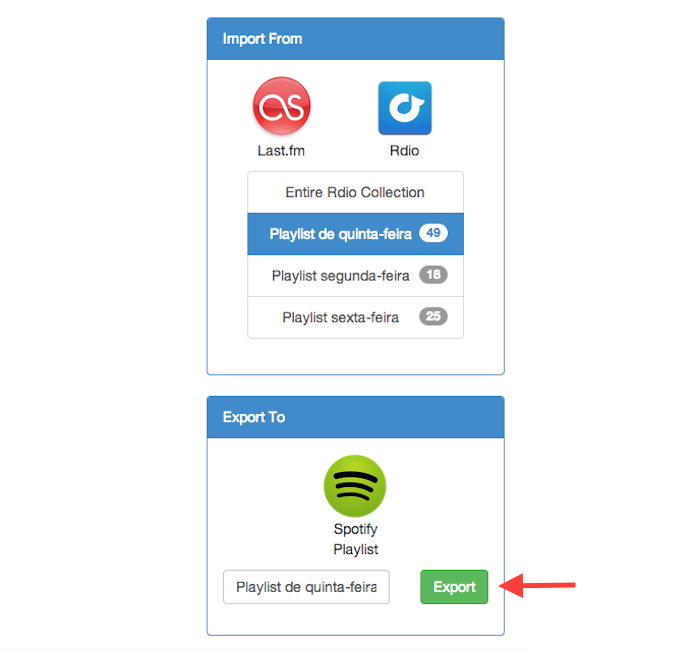 Exportando as playlists do Rdio para o Spotify através do Playlist Exchance (Foto: Reprodução/Marvin Costa)