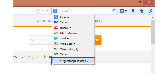 Clique na opção marcada para acessar as opções de busca do Firefox (Foto: Reprodução/Paulo Alves) (Foto: Clique na opção marcada para acessar as opções de busca do Firefox (Foto: Reprodução/Paulo Alves))