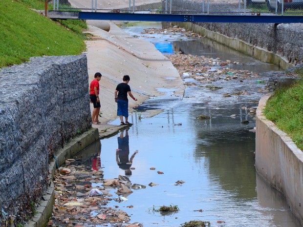 Imagem de 2011 mostra crianças da comunidade São Nicolau, em São Paulo, em área onde esgoto passava a céu aberto. Área sofria com a ausência da coleta e tratamento de esgotos (Foto: Divulgação/Instituto Trata Brasil)