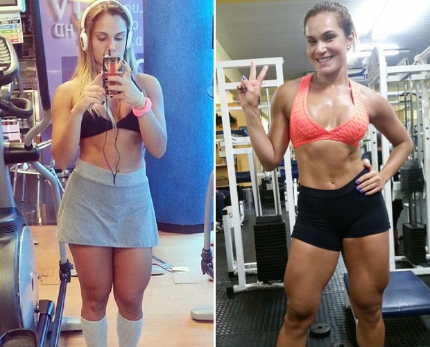 Bianca Salgueiro mostra a evolução de suas pernas de um ano para cá: na foto à esquerda, ela aparece menos definida; já na segunda, ostenta músculos mais secos (Foto: Arquivo pessoal)