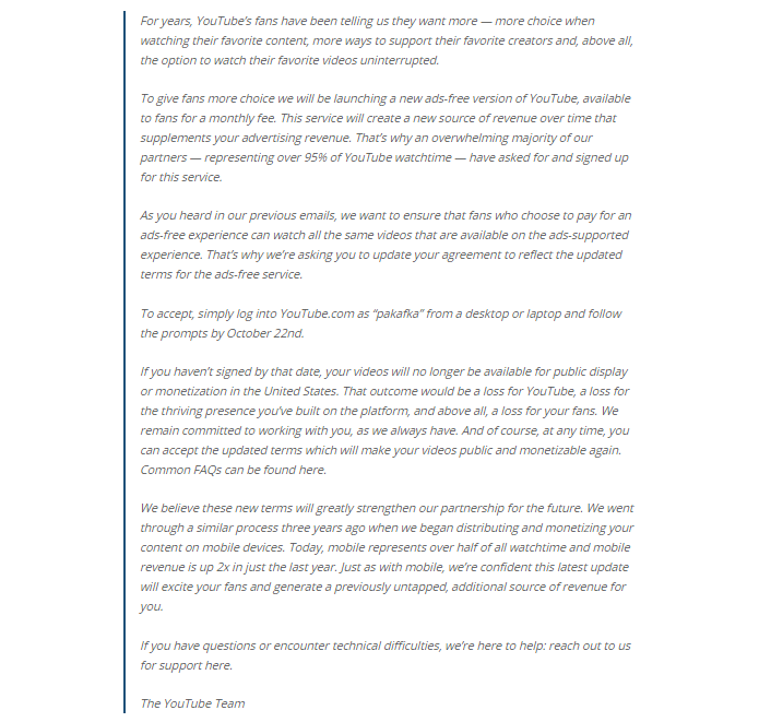 Google determina 22 de outubro como prazo final para que youtubers aceitem os novos termos de serviço (Foto: Reprodução/Neowin)