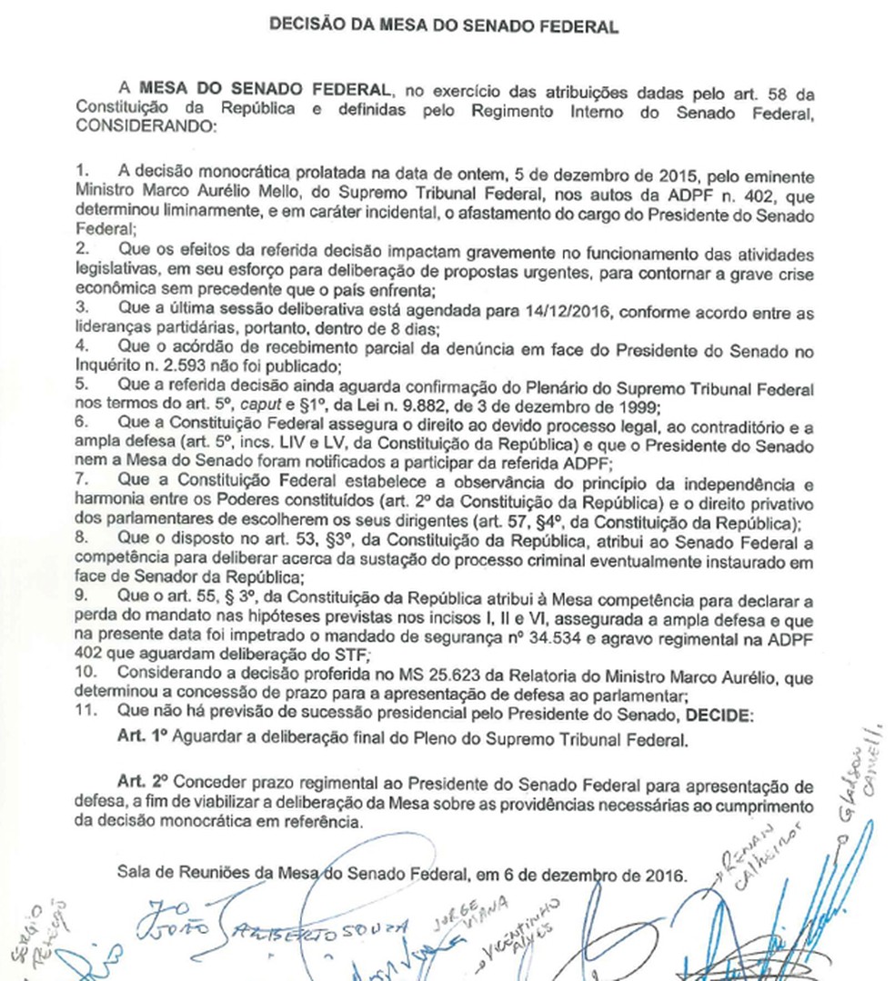 Documento assinado pela Mesa Diretora do Senado em que o Senado decide descumprir ordem judicial do ministo Marco Aurélio Mello (Foto: Reprodução/Senado)