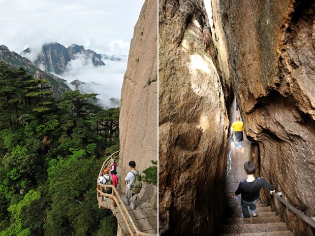 Visitantes passeiam na cadeia em montanha de Huangshan  (Foto: Mattes Ren/hemis.fr/AFP)