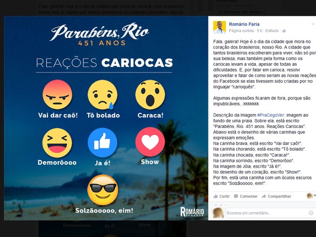 Senador também fez homenagem aos 451 anos da cidade do Rio (Foto: Reprodução/Facebook)