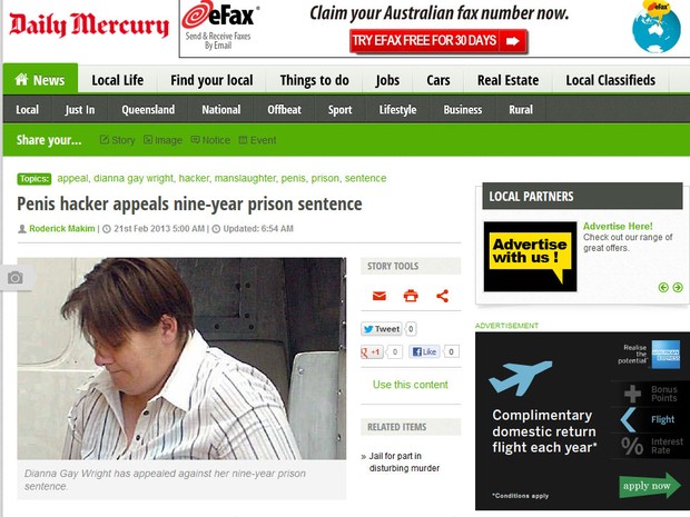 Australiana corta pênis de cadáver e é condenada a nove anos (Foto: Daily Mercury)