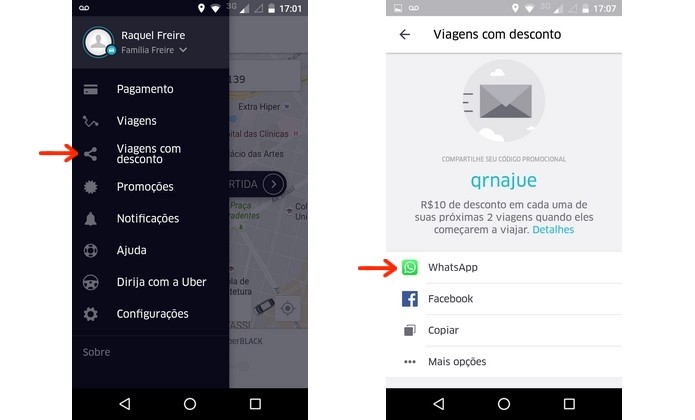 Convite para o Uber enviado através do menu Viagens com desconto (Foto: Reprodução/Raquel Freire)