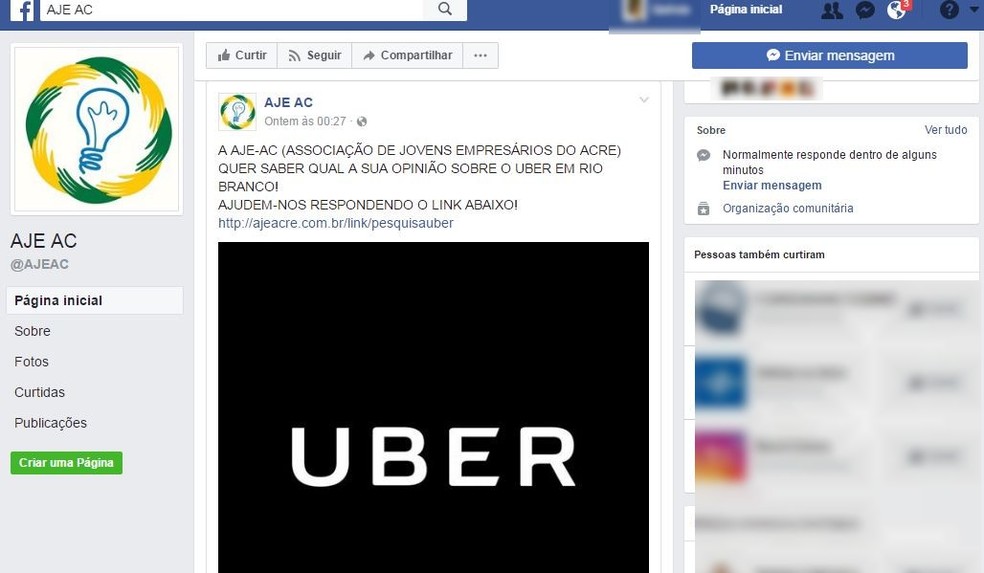 Associação fez um questionário perguntando a opinião da população sobre o Uber, em Rio Branco  (Foto: Reprodução/Facebook)
