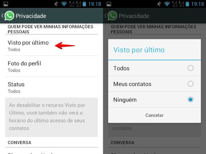 Desativar o visto pela última vez no WhatsApp (Foto: Reprodução/Helito Bijora)