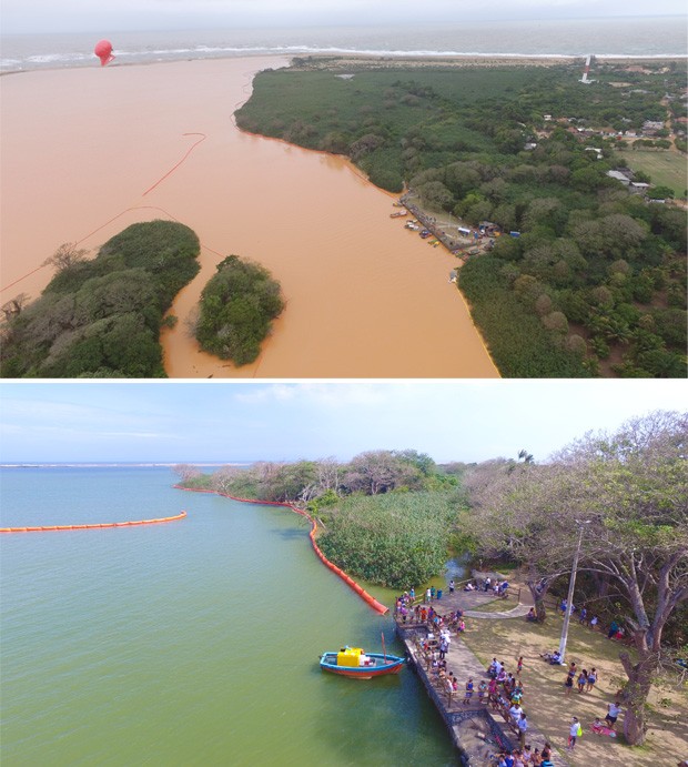 Acima, foz do Rio Doce com lama, neste domingo. Abaixo, o estuário sem lama, na sexta-feira (Foto: Secundo Rezende/ Zoom Filmes)