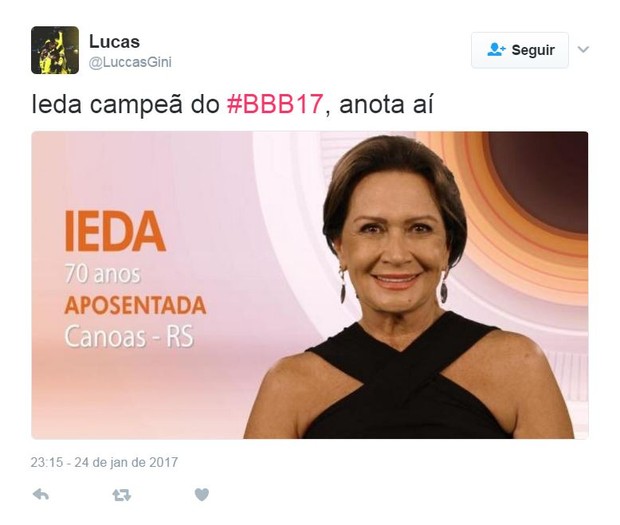 Ieda conquista telespectadores do BBB 17 (Foto: Reprodução/Twitter)
