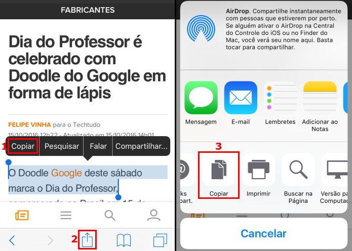 Copiando uma informação no iOS (Foto: Reprodução/Edivaldo Brito)