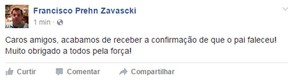 Filho de Teori Zavascki, Francisco Prehn Zavascki, confirma no Facebook que ministro morreu no acidente do avião que caiu em Paraty (Foto: Reprodução/Facebook/Francisco Prehn Zavascki)