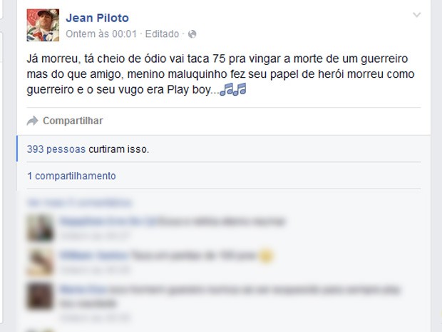 Em uma rede social, Jean Piloto jurava vingança aos assassinos de Playboy (Foto: Reprodução/ Facebook)
