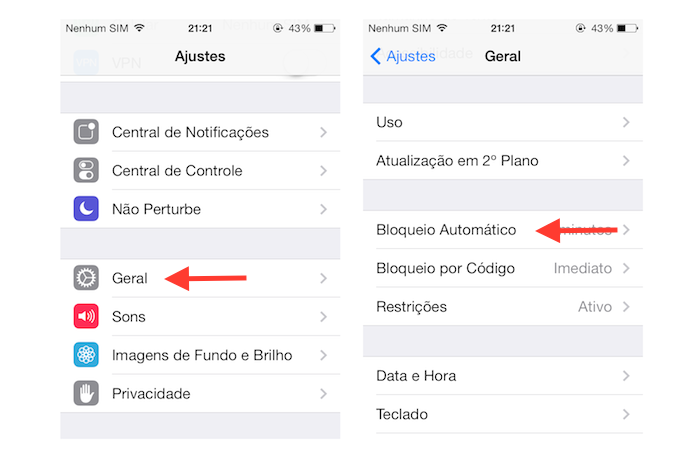 Acessando as opções de bloqueio automático do iOS (Foto: Reprodução/Marvin Costa)