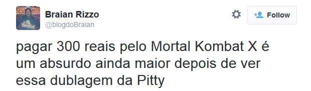 F reclama de dublagem de Pitty no game 'Mortal Kombat X' (Foto: Reproduo/Twitter)