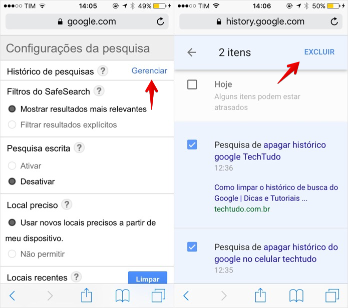 Apagando itens do histórico de buscas do Google (Foto: Reprodução/Helito Bijora)