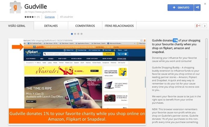 Gudville reverte 1% do valor das compras feitas na Amazon, Snapdeal e Flipkart para caridade (Foto: Reprodução/Chrome Web Store)