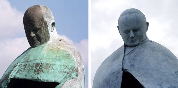 Primeira versão da estátua de João Paulo em 2011 e a segunda inaugurada nesta segunda (19) (Foto: Gregorio Borgia/AP)