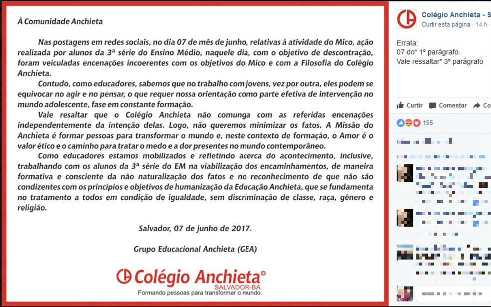 Nota do Colégio Anchieta (Foto: Reprodução / Facebook)