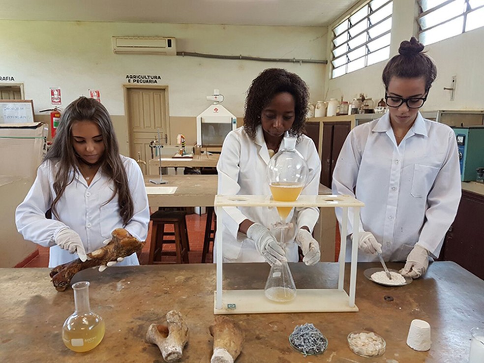 Joana entre alunos que recebem todo seu incentivo na pesquisa em Franca-SP (Foto: Assessoria de imprensa ETEC)