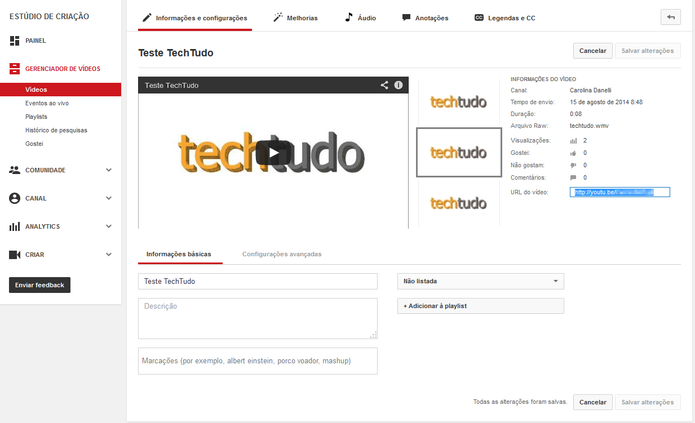 Copie a URL do vídeo e compartilhe com seus amigos (Foto: Reprodução/Carol Danelli) Copie a URL do vídeo e compartilhe com seus amigos (Foto: Reprodução/Carol Danelli)