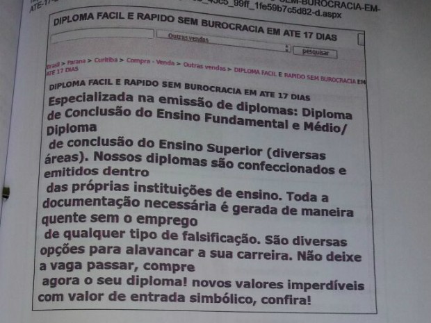 Anúncios na internet ofereciam diplomas em até 17 dias (Foto: Divulgação/Polícia Civil do Paraná)