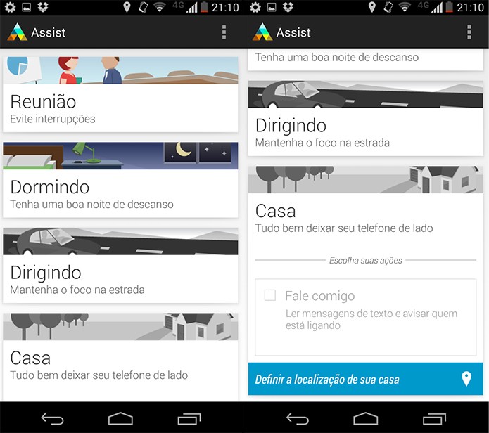 Motorola Assist tem perfil para casa, reunião, trânsito e até para a hora e dormir (Reprodução/Pedro Cardoso)