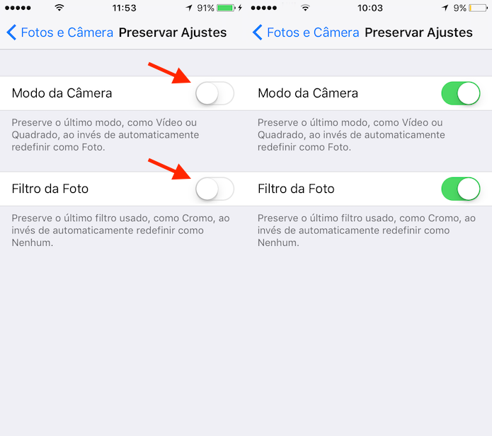 Ação para ativar as opções que preservam os ajustes da câmera do aplicativo câmera do iPhone (Foto: Reprodução/Marvin Costa)
