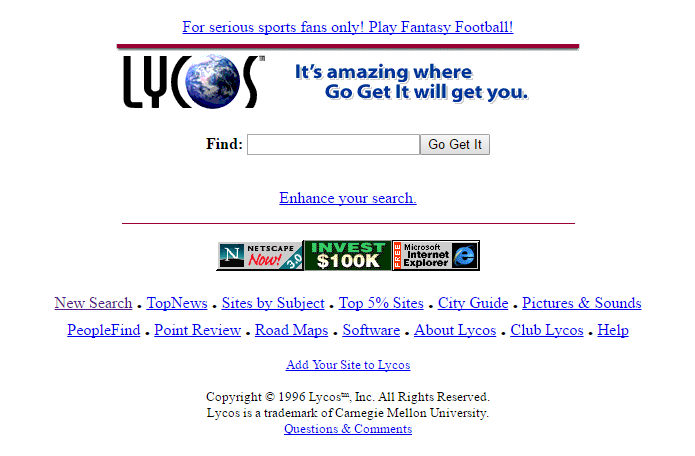 Lycos foi a primeira empresa rentável na Internet e continua em funcionamento (Foto: Reprodução/Archive.org)