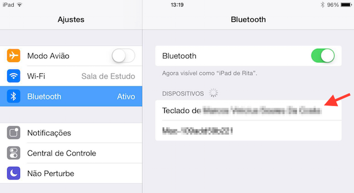Escolhendo um teclado sem fios na lista de dispositivos Bluetooth do iPad (Foto: Reprodução/Marvin Costa) Escolhendo um teclado sem fios na lista de dispositivos Bluetooth do iPad (Foto: Reprodução/Marvin Costa)